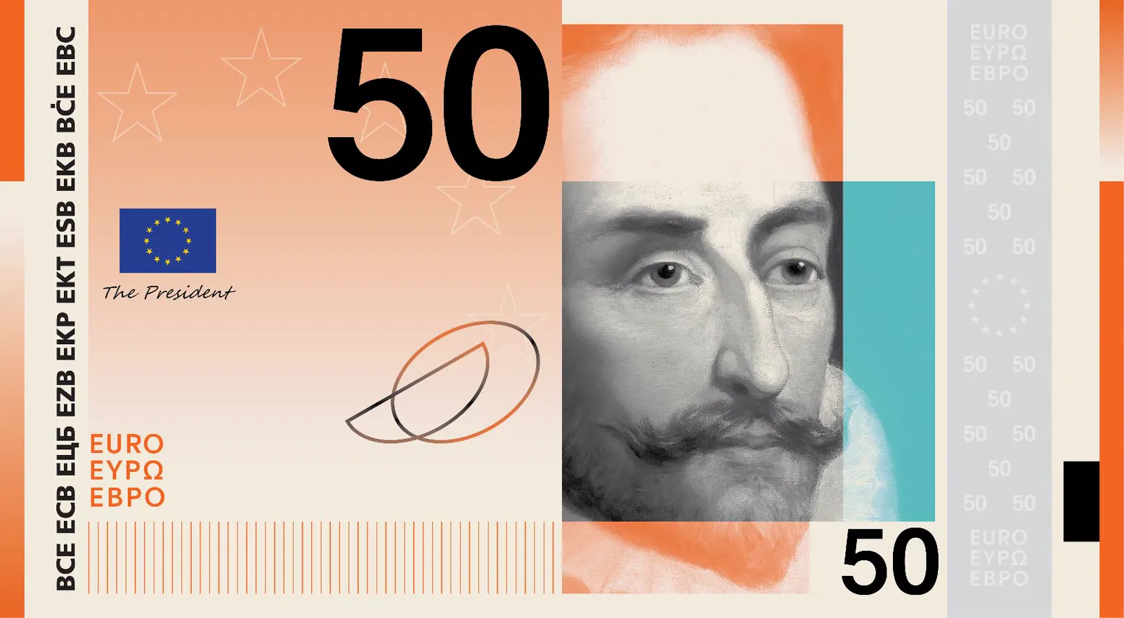 Anverso de una propuesta de billete de 50 euros: retrato pictórico en blanco y negro sobre fondo naranja, con la bandera de la UE y la palabra «euro» en alfabetos latino, griego y cirílico
