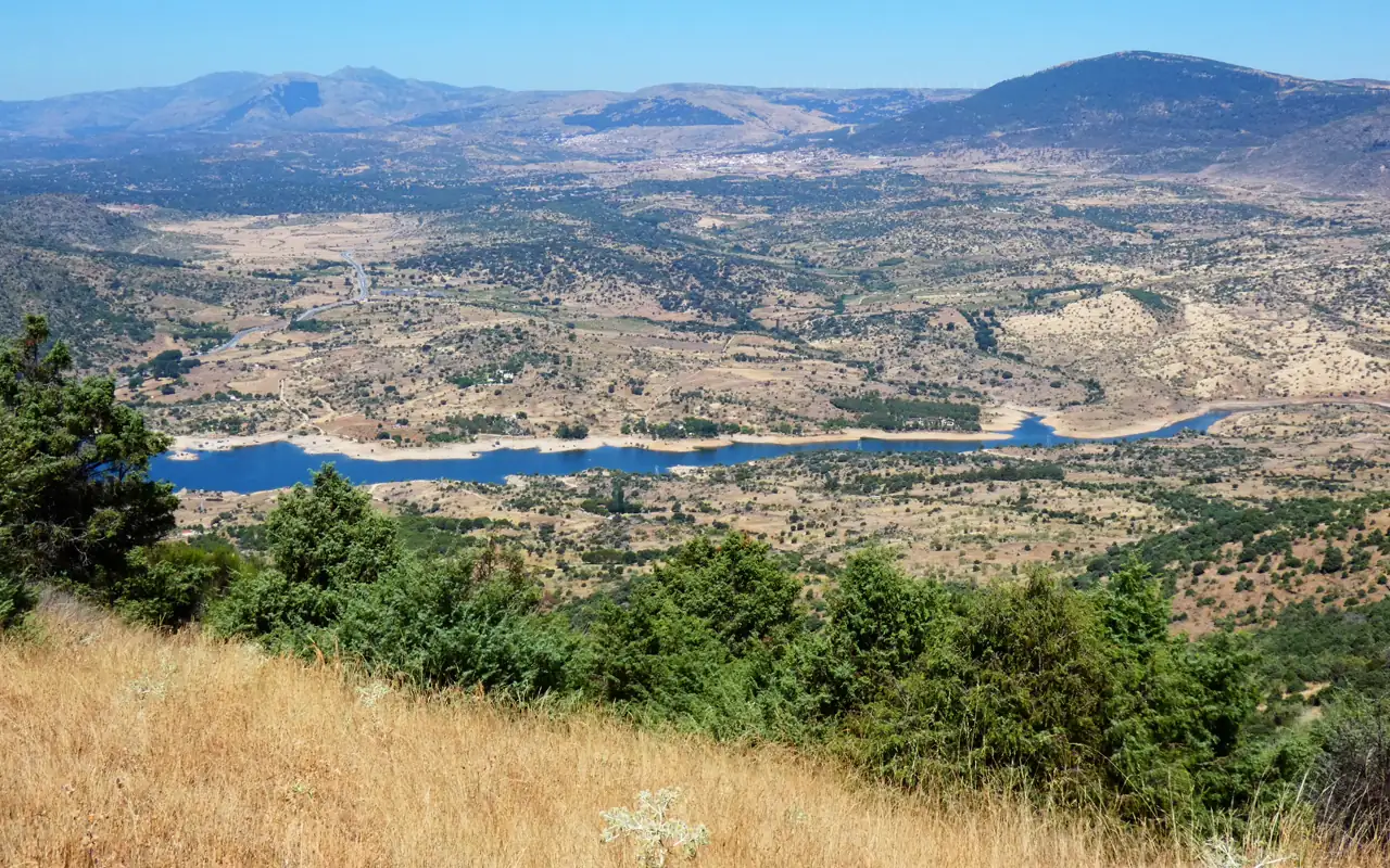 Vista desde una ladera de la provincia de Ávila: en primer plano, pasto seco amarillo y matas verdes de enebro; en el centro, el brazo azul de un embalse encajado entre lomas pardas con manchas de arbolado disperso; al fondo, las cumbres de la sierra bajo un cielo despejado.
