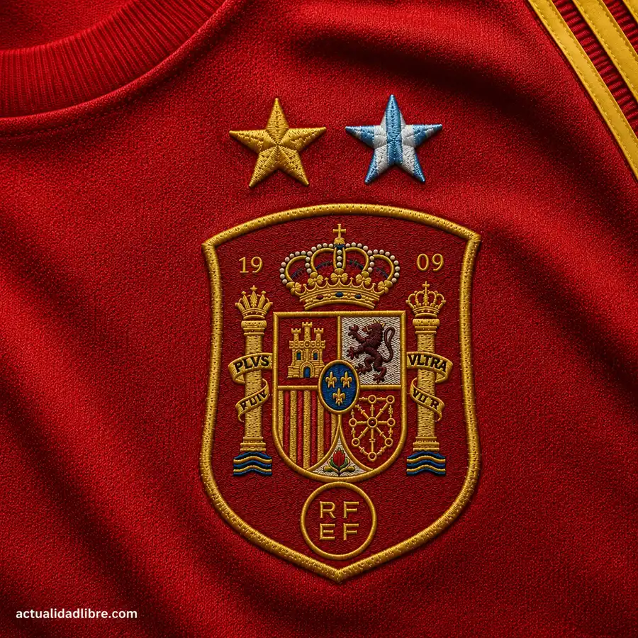Recreación digital de una camiseta roja de España con dos estrellas bordadas sobre el escudo de la RFEF, una dorada y otra celeste.