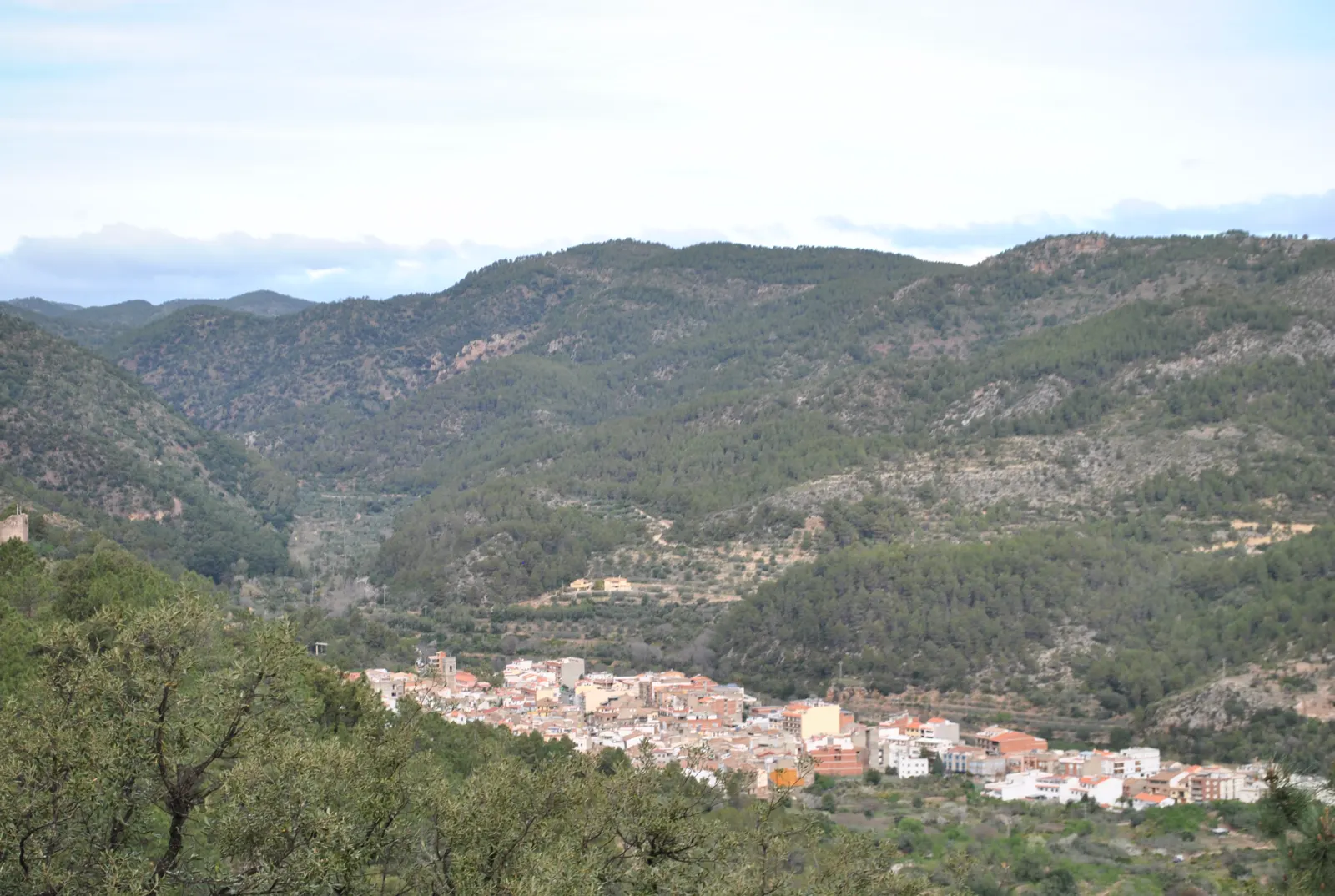Vista del pueblo de Eslida, de casas blancas y tejados rojos, encajado en el fondo de un valle rodeado de laderas cubiertas de pinar y monte bajo.