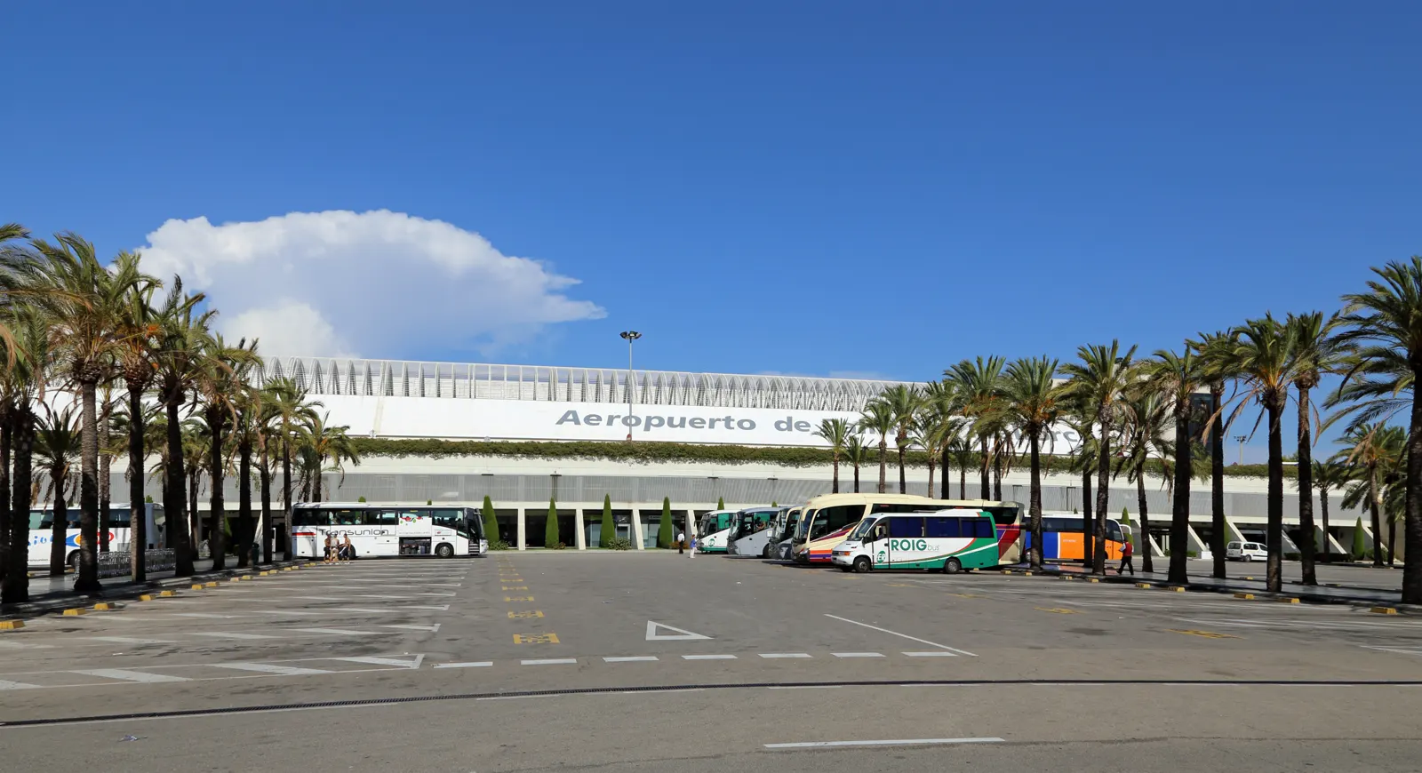 Fachada de la terminal del aeropuerto de Palma de Mallorca vista desde el aparcamiento, con palmeras a ambos lados y una fila de autocares de transferencia turística aparcados junto al edificio