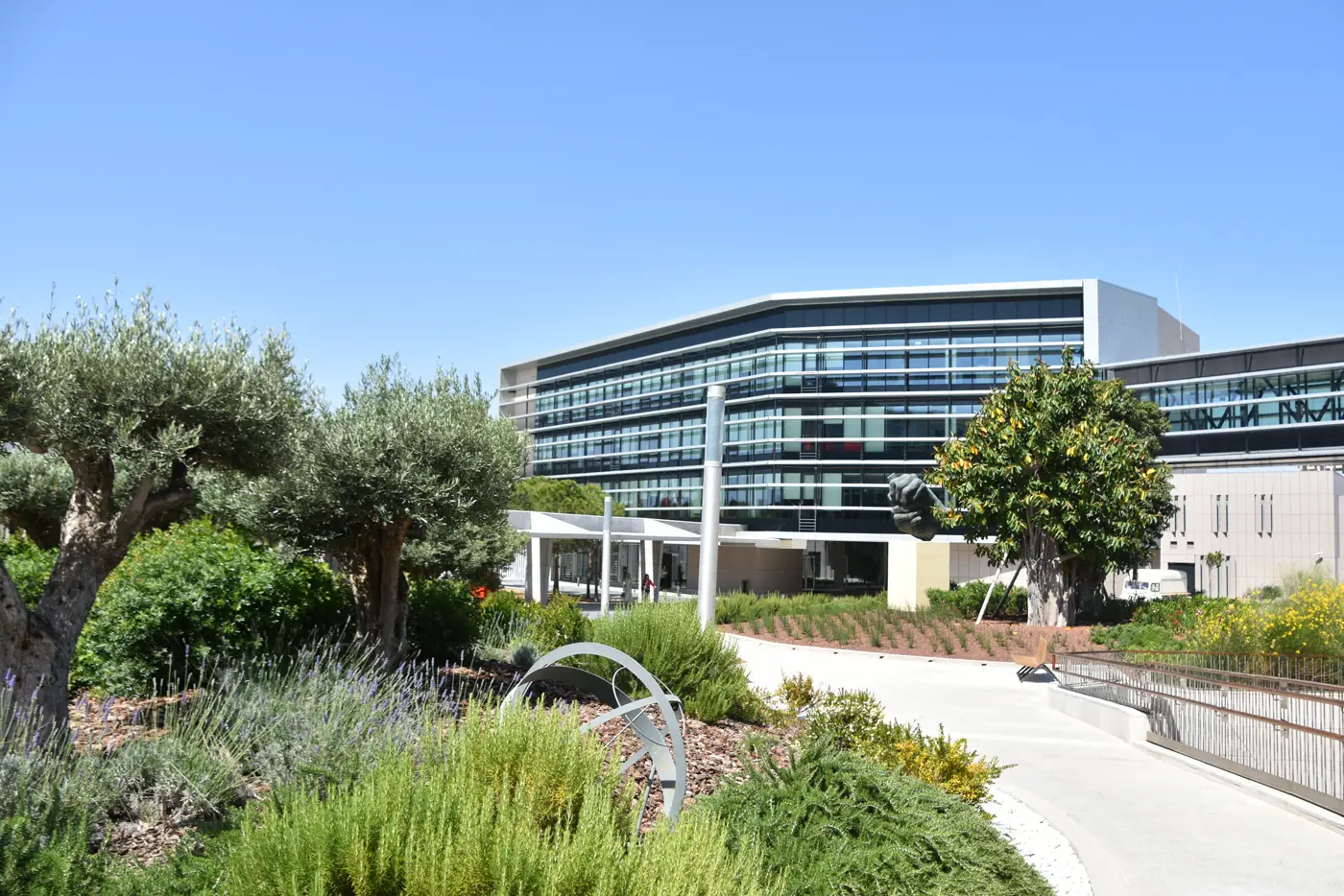 Edificio acristalado de varias plantas de la Oficina de Propiedad Intelectual de la Unión Europea en Alicante, visto desde un jardín con olivos, lavanda y arbustos bajo un cielo azul despejado.