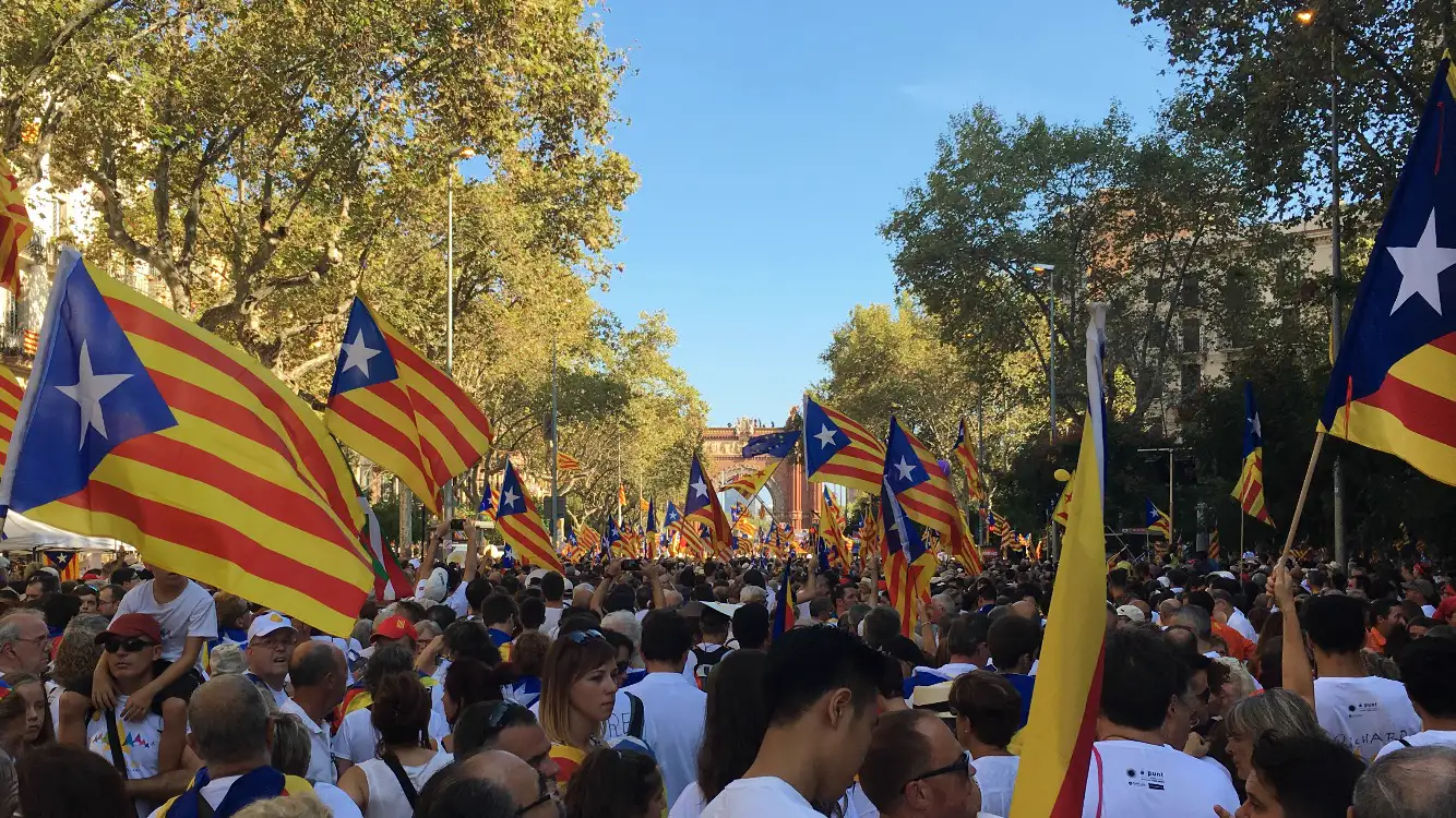 Multitud con banderas esteladas llenando una avenida arbolada de Barcelona durante una manifestación de la Diada, con el Arc de Triomf al fondo.