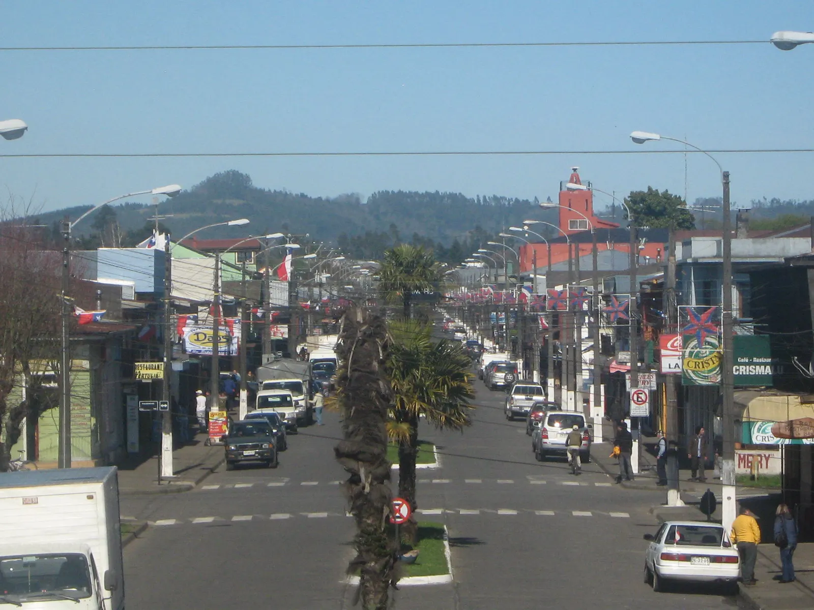 Calle Francisco Bilbao, arteria comercial de Pitrufquén, con comercios, banderas chilenas, coches y peatones, y colinas boscosas al fondo