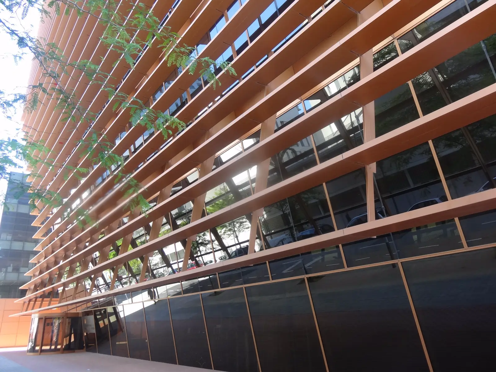 Fachada de un edificio de oficinas vista desde abajo, con lamas horizontales de madera clara y grandes ventanales que reflejan la calle y los árboles